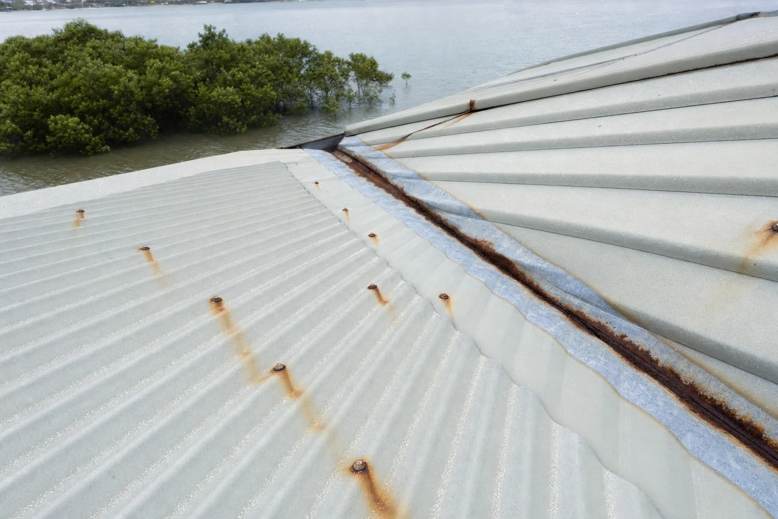 Close-up of a bayside Wynnum Colorbond roof showing rust streaks at corroded screws and a partially corroded valley iron, with mangroves and Moreton Bay water visible behind.