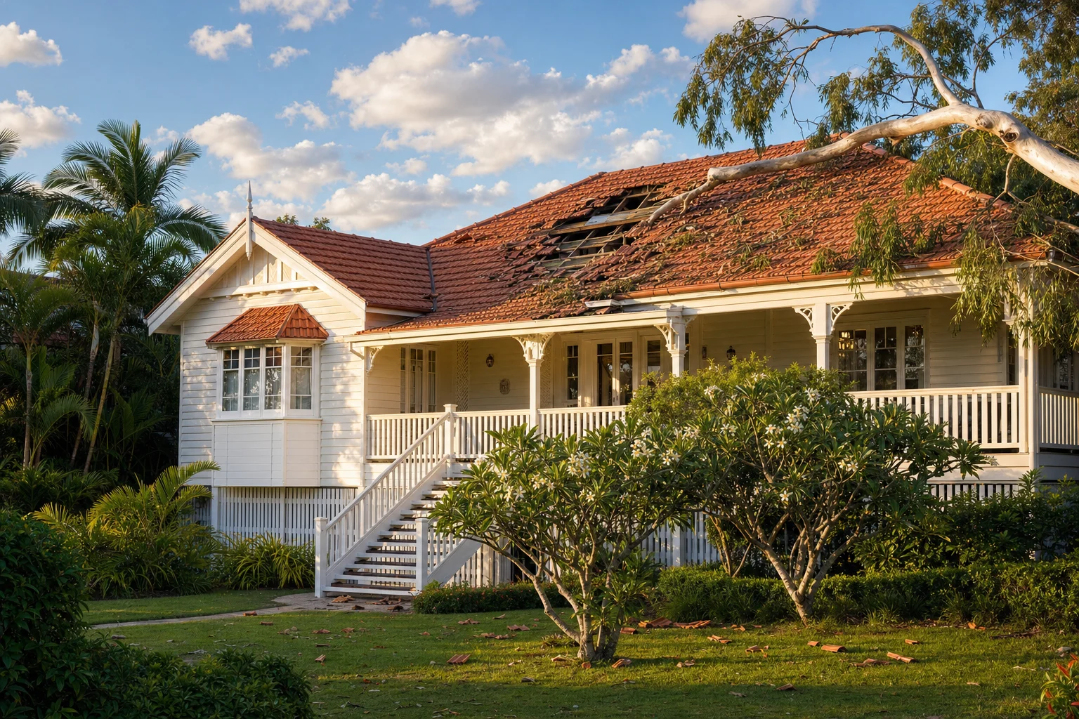 Same Queenslander home with storm-damaged roof, fallen tree branch through tiles
