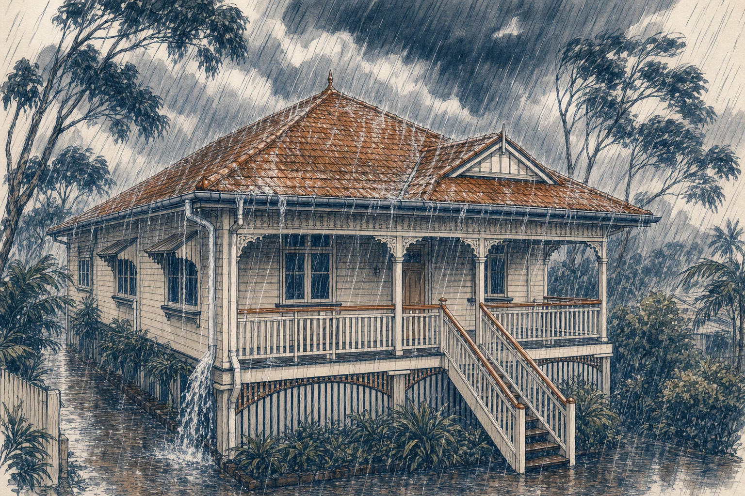 Brisbane Queenslander home during a heavy tropical downpour with rain sheeting off the roof