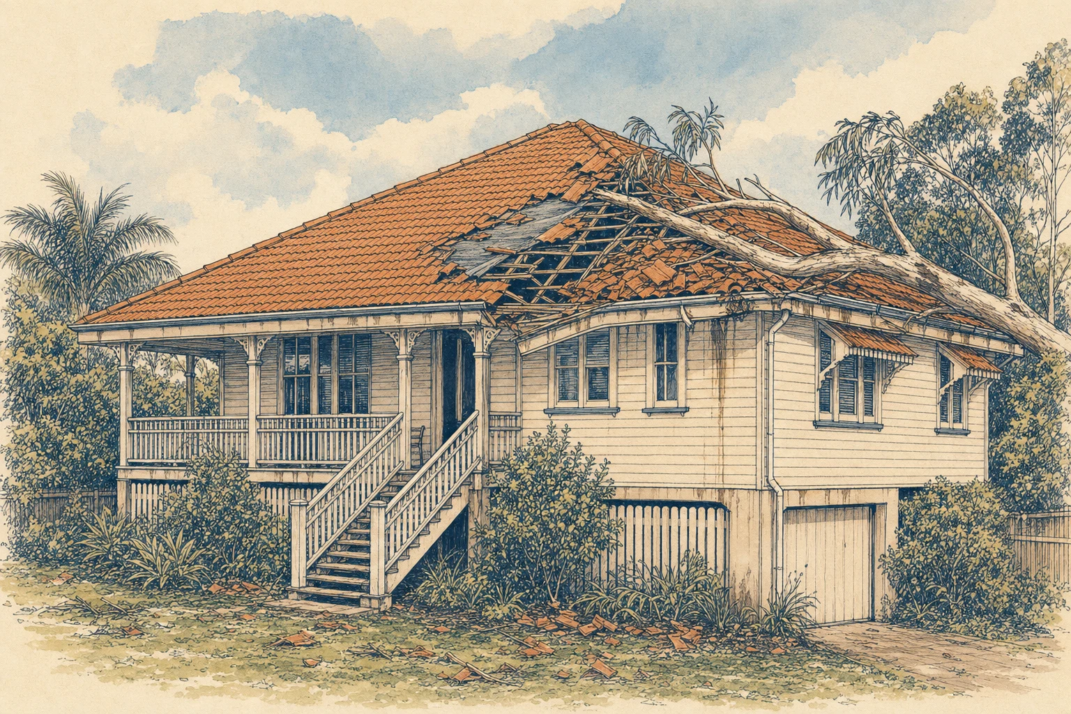 Brisbane Queenslander home with storm-damaged roof, broken tiles and a fallen tree branch