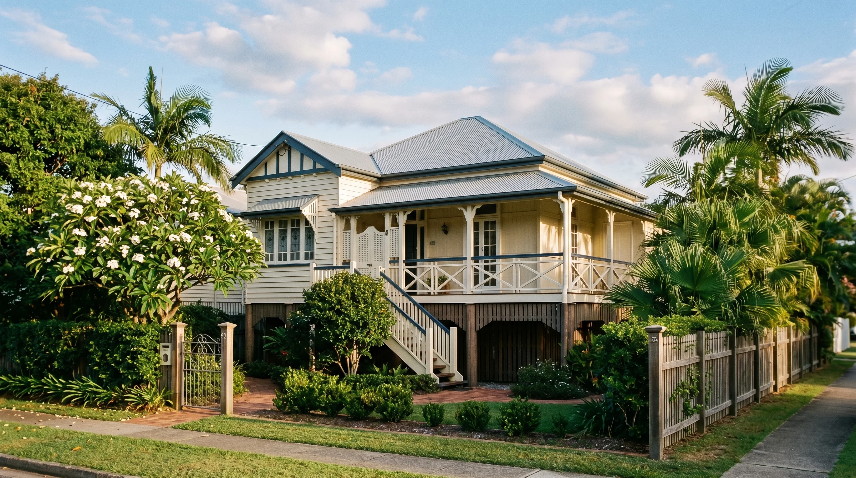 Restored Brisbane Queenslander roof and gutters at golden hour