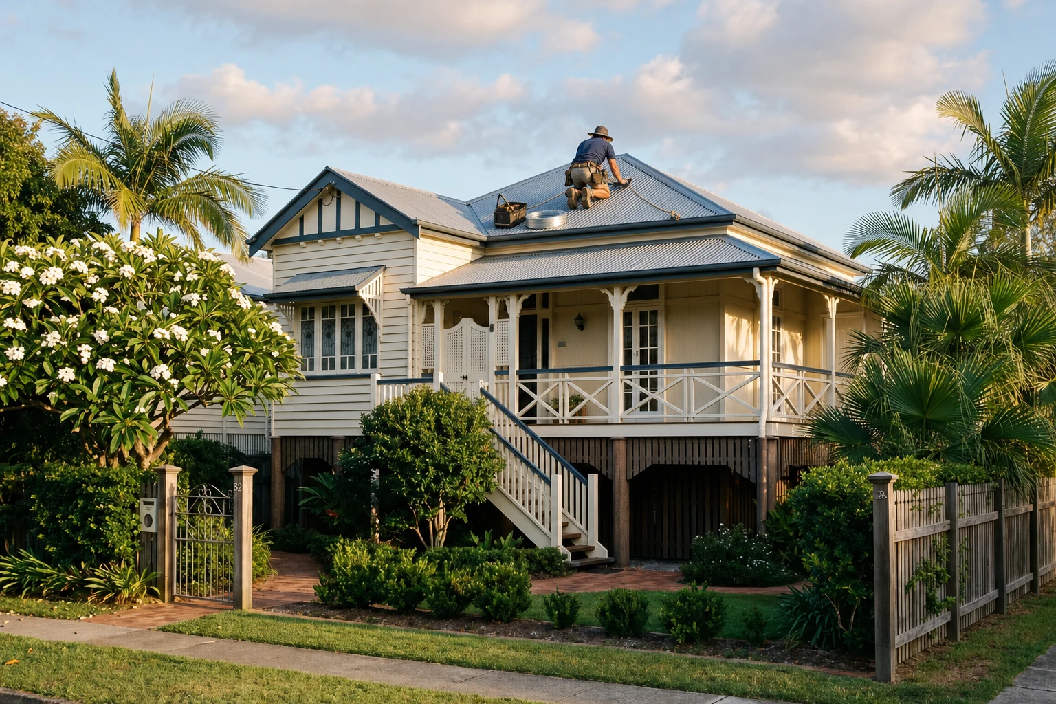 Licensed Brisbane roofer at work on the Colorbond hipped roof of a classic Queenslander, replacing a flashing in golden afternoon light.