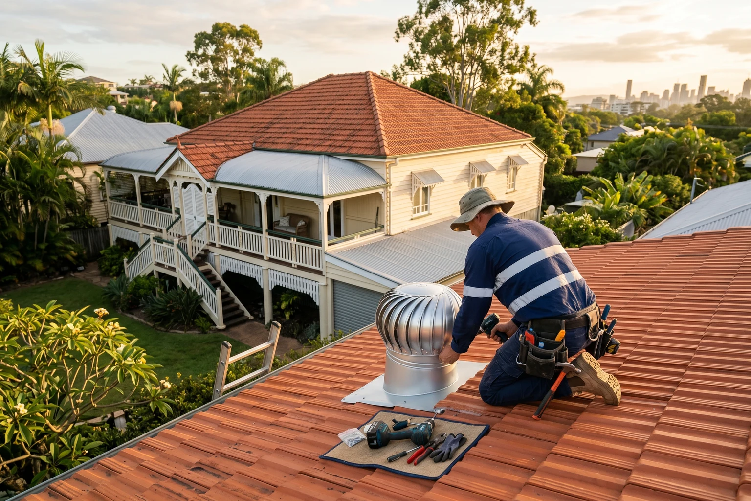 Licensed Brisbane roofer kneeling on the terracotta tile roof of a Queenslander, viewed from behind, installing a whirlybird turbine vent in warm late-afternoon golden-hour light.