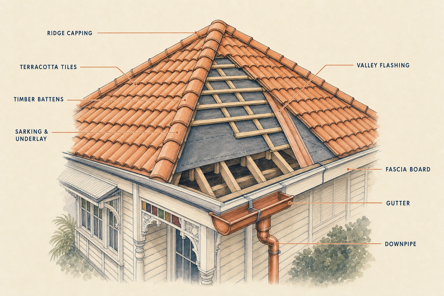 Cross-section illustration of a Brisbane Queenslander hipped tile roof, labelled with ridge capping, terracotta tiles, timber battens, sarking and underlay, valley flashing, fascia board, gutter and downpipe