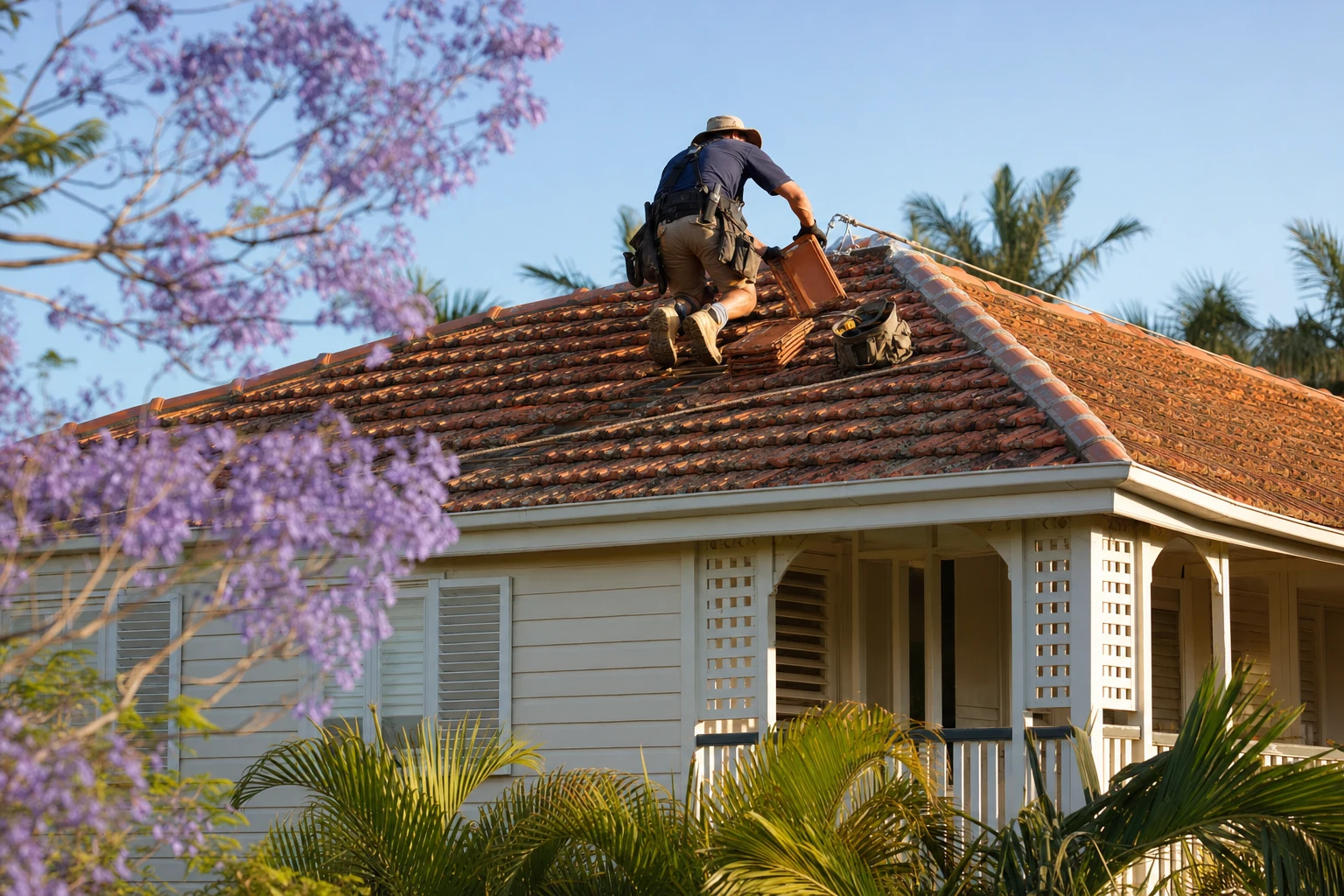 Brisbane tile roofer kneeling on a terracotta tile hipped roof of a classic Queenslander, carefully placing a fresh replacement tile, in golden afternoon light.